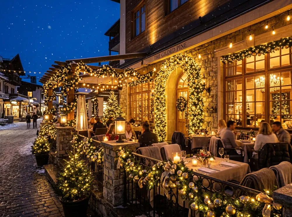 Terracë restoranti e dekoruar me girlanda dhe drita festive